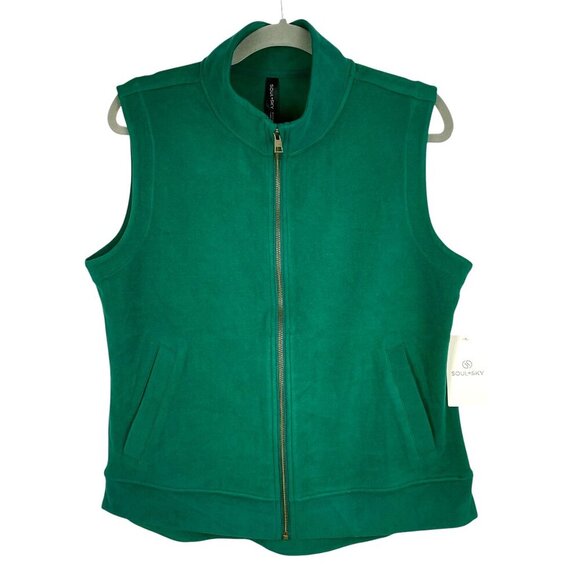 Soul + Sky Velour Fleece Vest Green Women’s L | Athleisure Sustainable Zip-Front - Picture 2 of 16